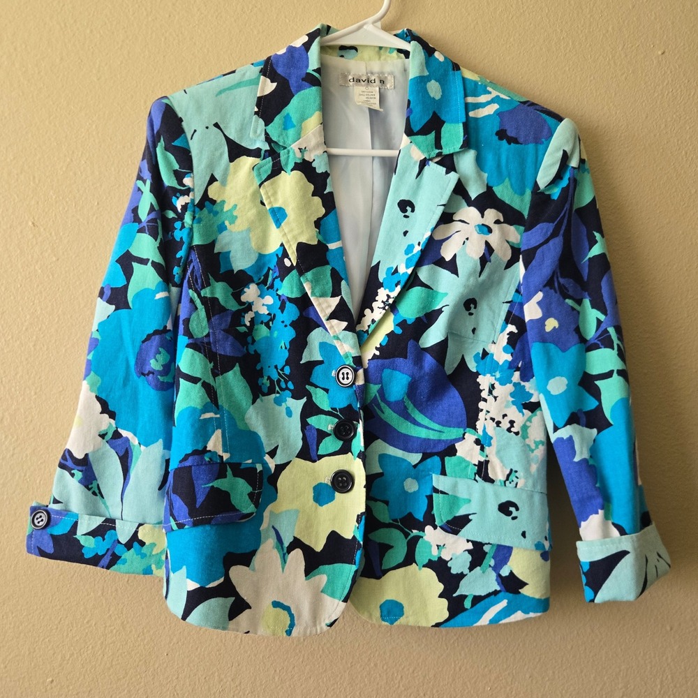 David N Floral Linen Blend Crop Blazer Blue Turquoise Green 3 Button Small‎